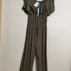 She and Sky Olive Ruffle Jumpsuit- Large